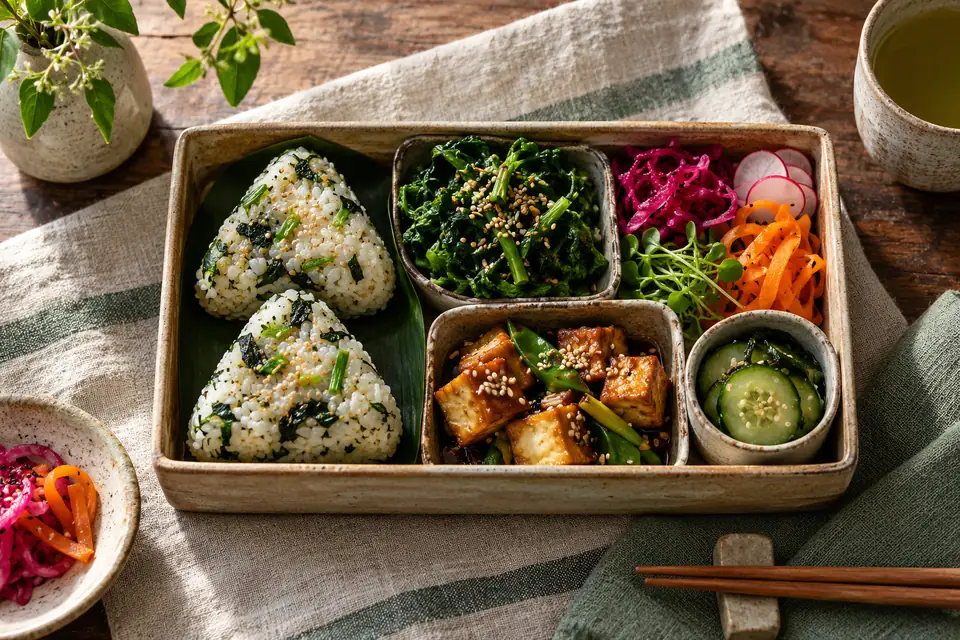 Illustrative image: Japanese vegetable bento with onigiri and greens