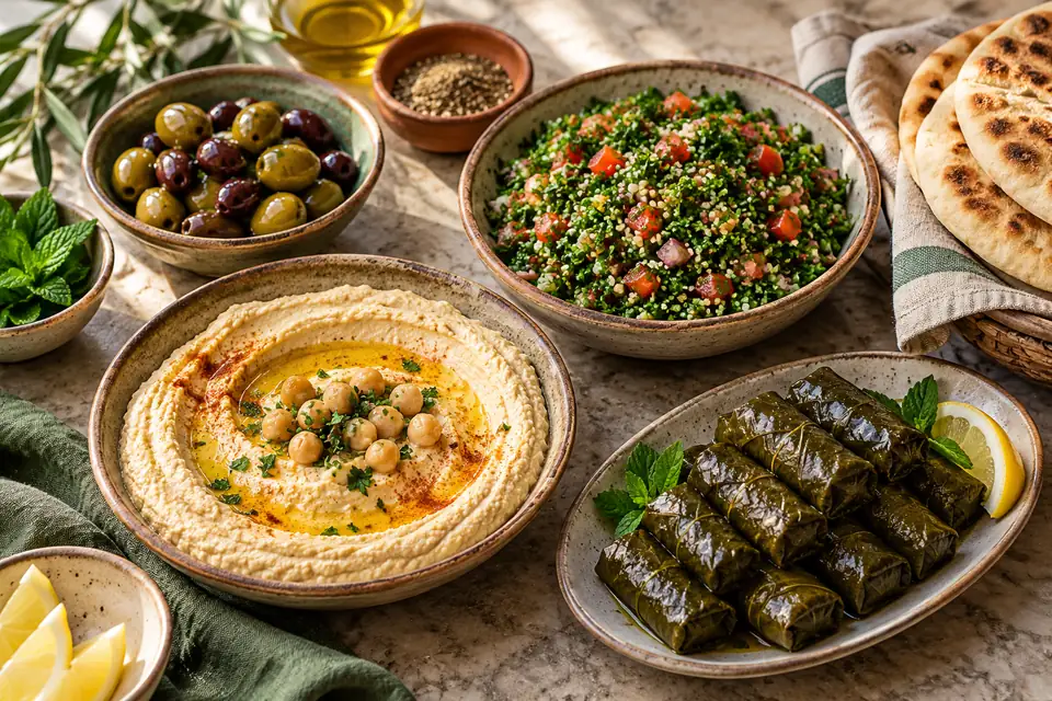 Illustrative image: Plant-based mezze with hummus, olives and tabbouleh