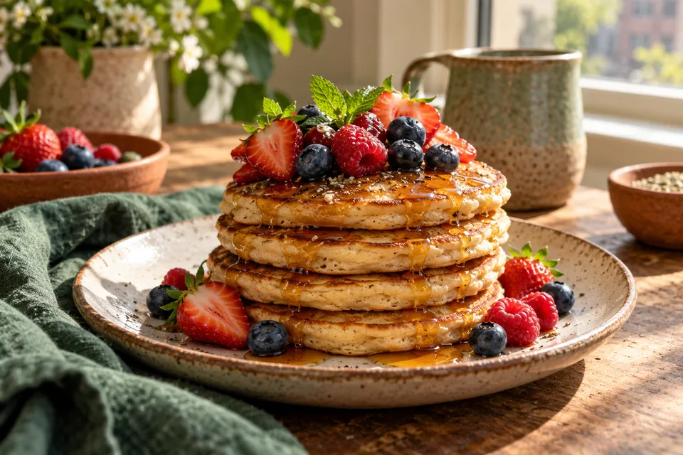 Illustrative image: Plant-based pancakes with berries and maple syrup