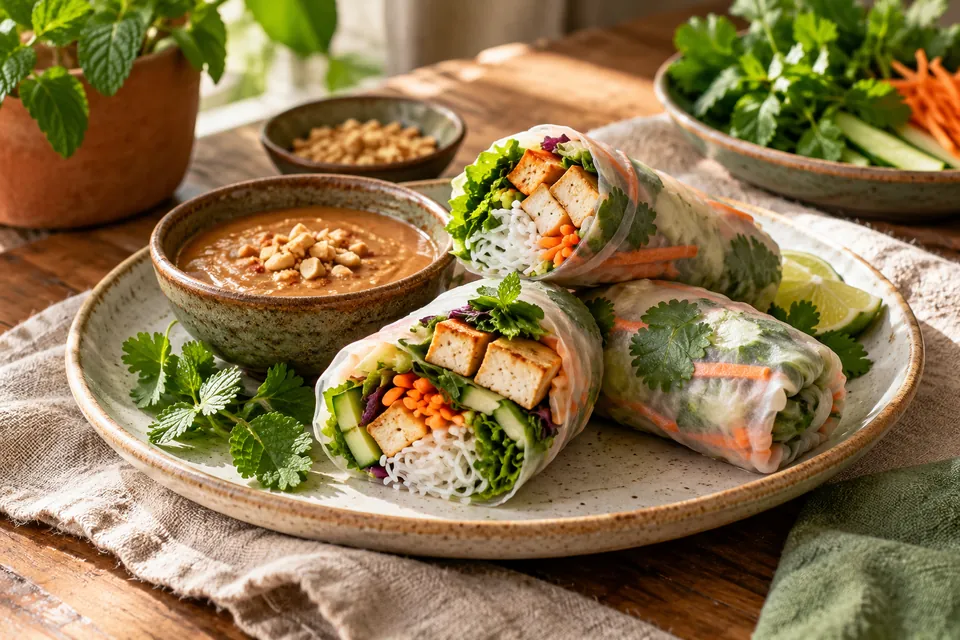 Illustrative image: Fresh tofu spring rolls with herbs and peanut sauce
